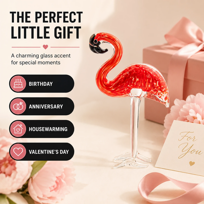 Glass flamingo figurine styled on a desk, bookshelf, bedside table, and vanity