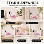Glass flamingo figurine styled on a desk, bookshelf, bedside table, and vanity