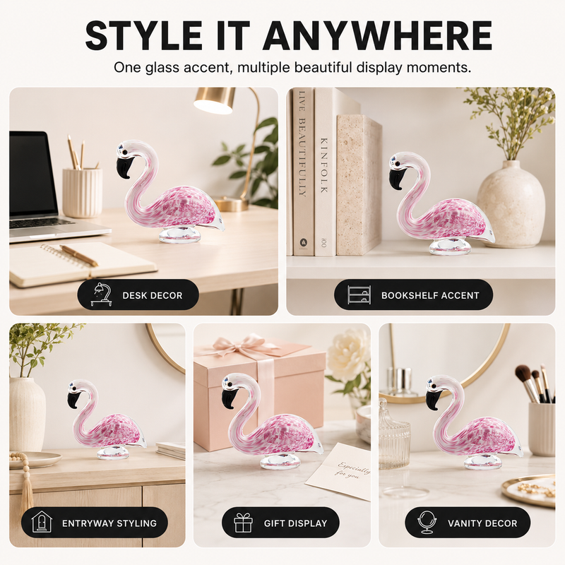 Glass flamingo figurine styled on a desk, bookshelf, bedside table, and vanity