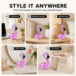 Glass flamingo figurine styled on a desk, bookshelf, bedside table, and vanity