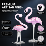 Glass flamingo figurine styled on a desk, bookshelf, bedside table, and vanity