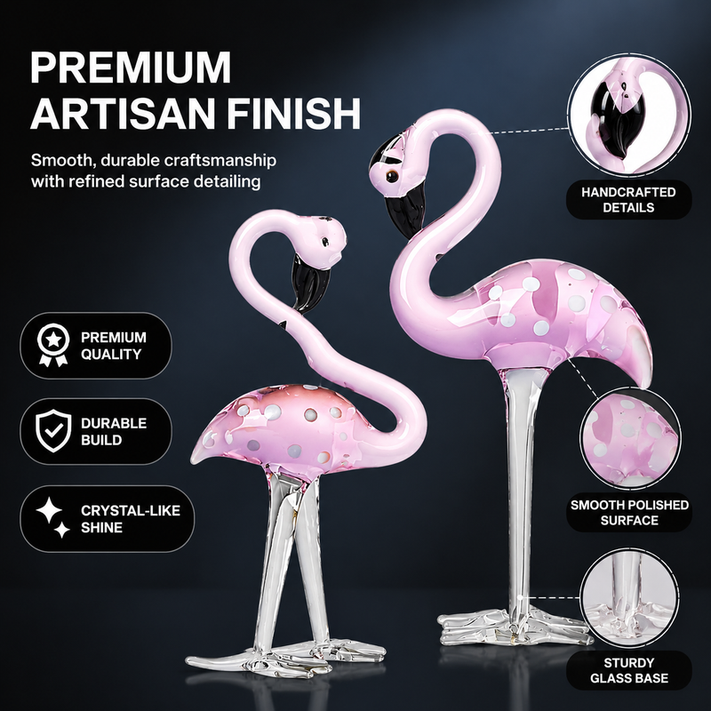 Glass flamingo figurine styled on a desk, bookshelf, bedside table, and vanity
