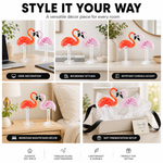 Glass flamingo figurine styled on a desk, bookshelf, bedside table, and vanity