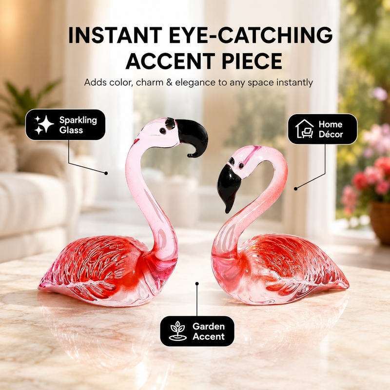 Glass flamingo figurine styled on a desk, bookshelf, bedside table, and vanity