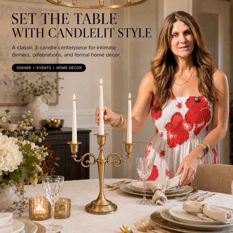 Gold candelabra with three lit taper candles on a styled formal dining table
