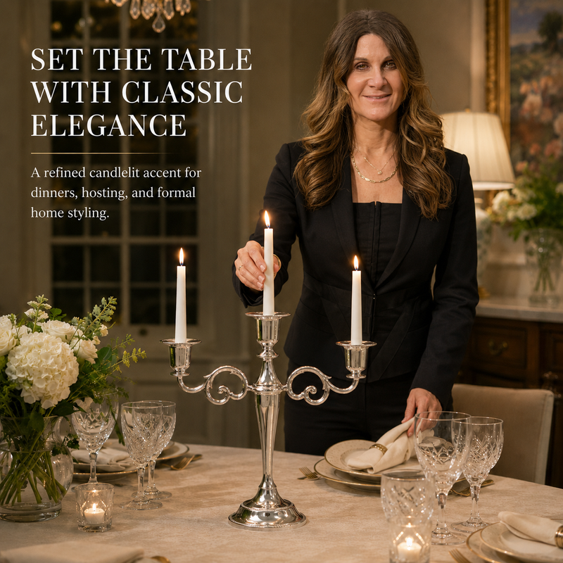 Gold candelabra with three lit taper candles on a styled formal dining table