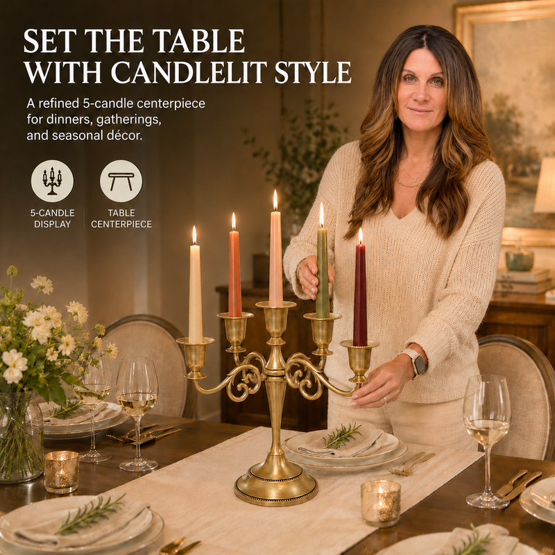 Gold candelabra with three lit taper candles on a styled formal dining table