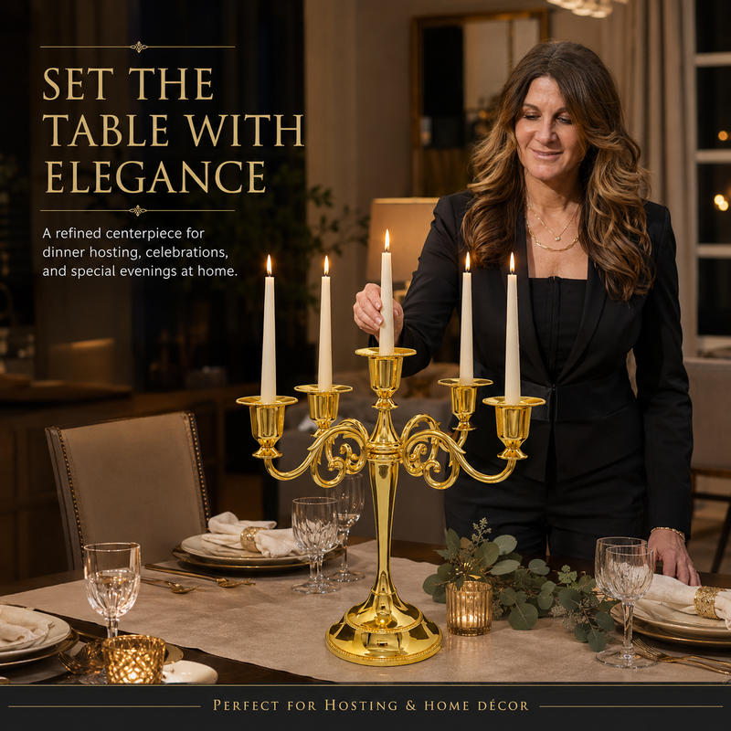 Gold candelabra with three lit taper candles on a styled formal dining table