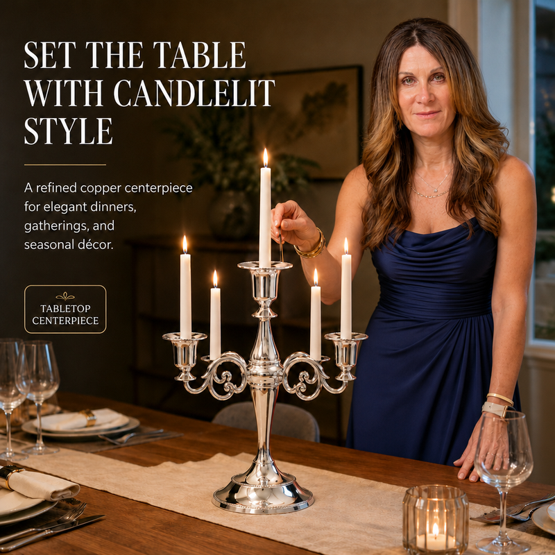 Gold candelabra with three lit taper candles on a styled formal dining table