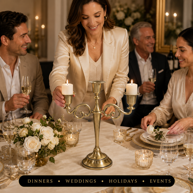 People gathered at a formal dinner table with a lit gold candelabra centerpiece