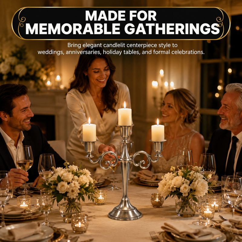 People gathered at a formal dinner table with a lit gold candelabra centerpiece