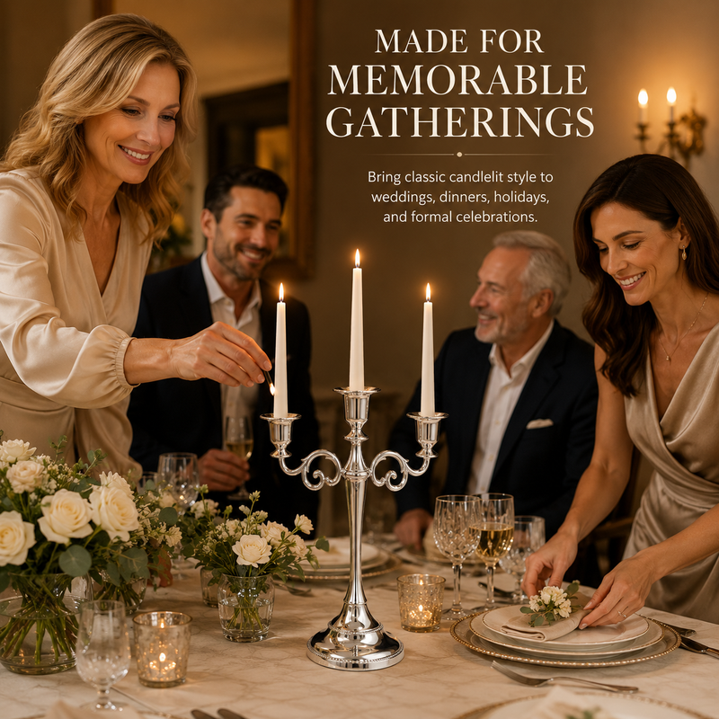 People gathered at a formal dinner table with a lit gold candelabra centerpiece
