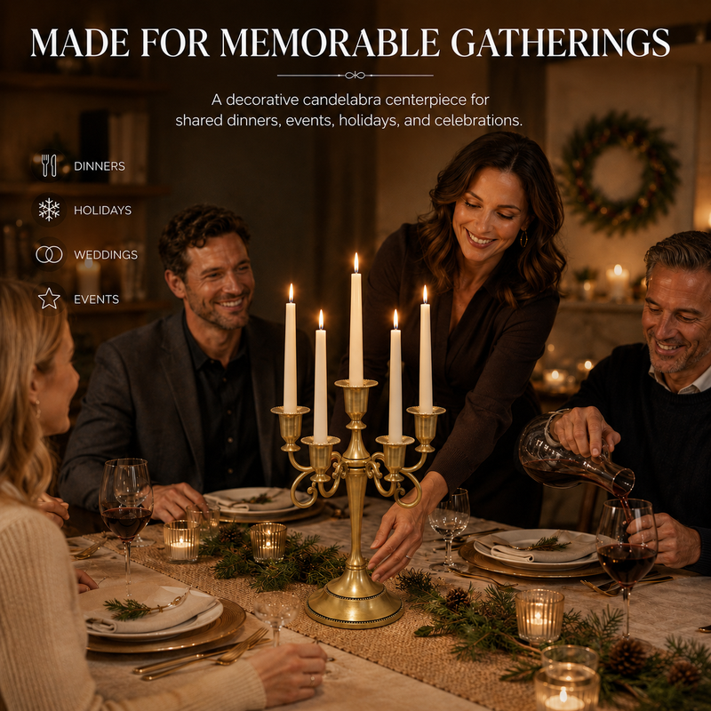 People gathered at a formal dinner table with a lit gold candelabra centerpiece