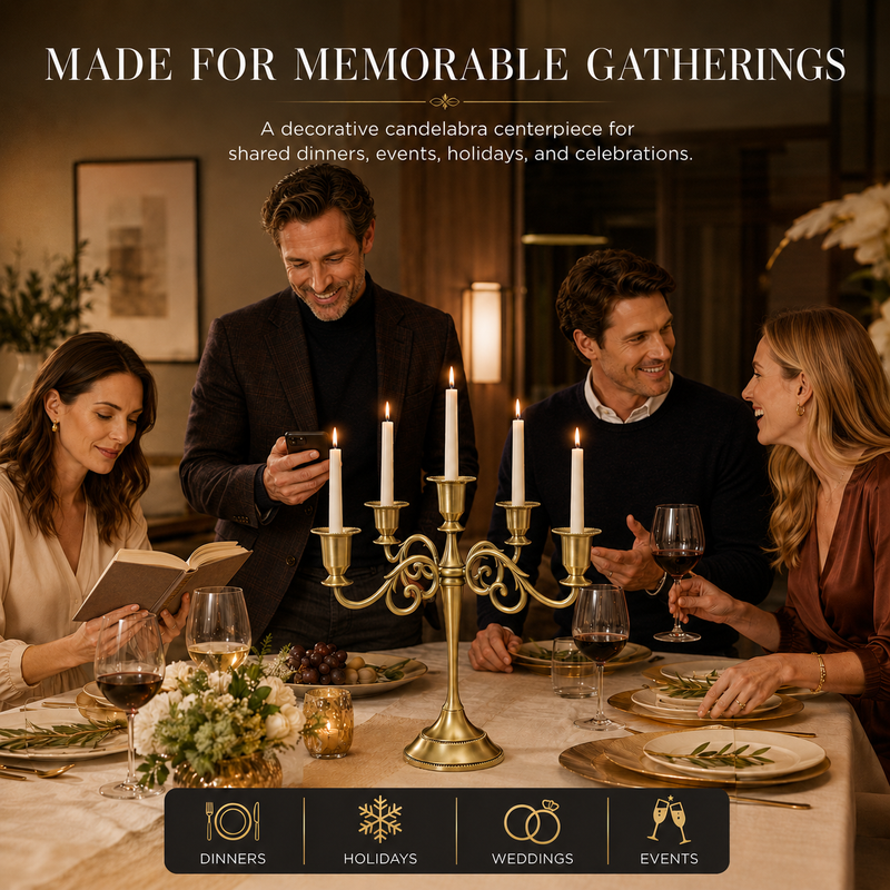 People gathered at a formal dinner table with a lit gold candelabra centerpiece