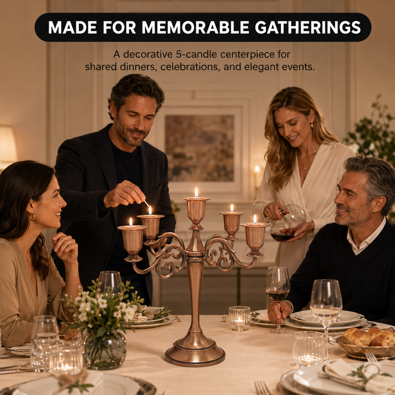 People gathered at a formal dinner table with a lit gold candelabra centerpiece