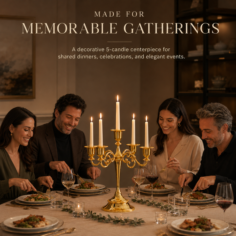 People gathered at a formal dinner table with a lit gold candelabra centerpiece