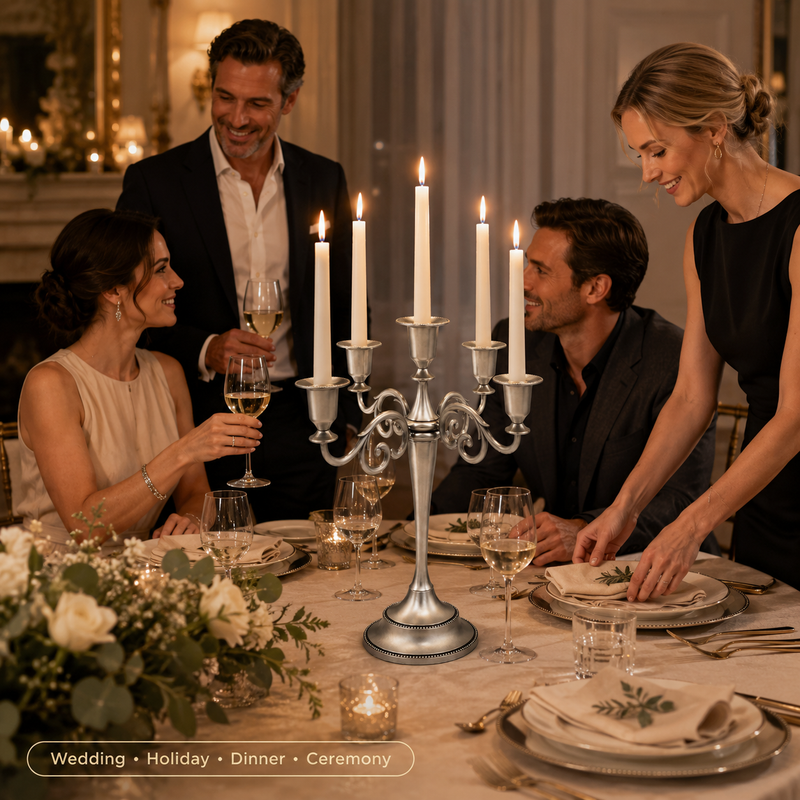 People gathered at a formal dinner table with a lit gold candelabra centerpiece