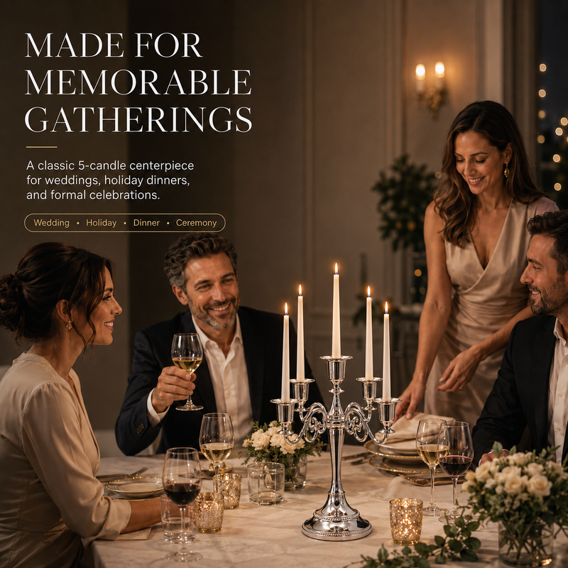 People gathered at a formal dinner table with a lit gold candelabra centerpiece
