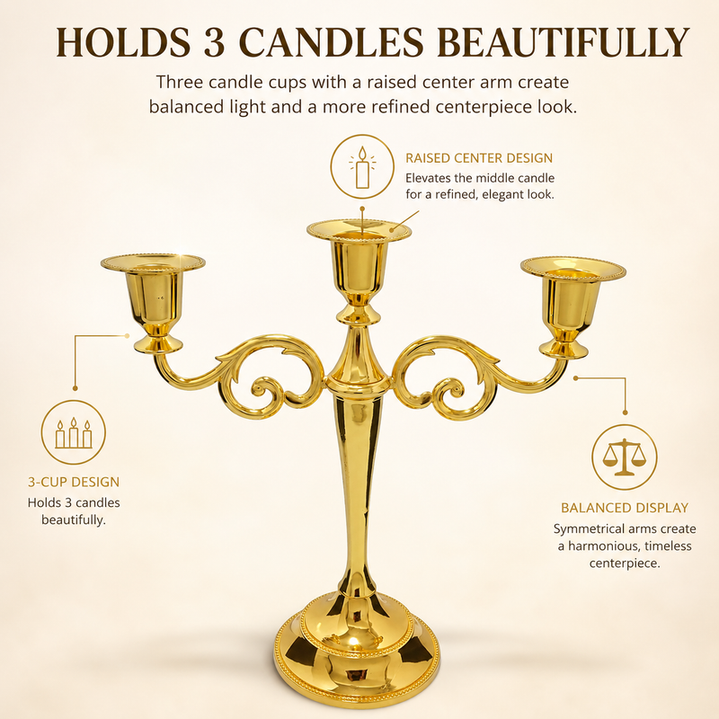 Lit white taper candles in a gold candelabra styled for formal décor