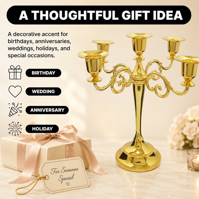 Lit white taper candles in a gold candelabra styled for formal décor