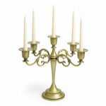 Gold three-arm metal candelabra candle holder on a white background