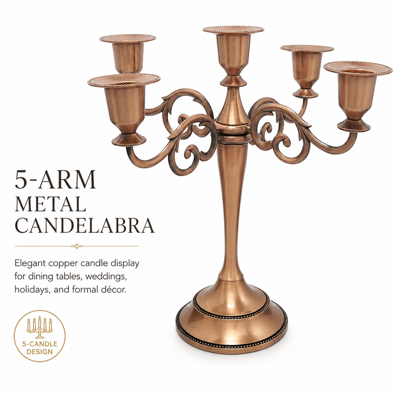 Gold three-arm metal candelabra candle holder on a white background