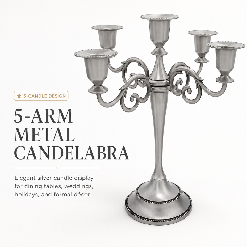 Gold three-arm metal candelabra candle holder on a white background