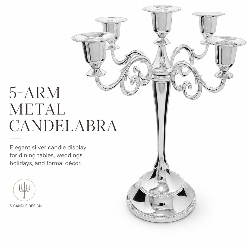 Gold three-arm metal candelabra candle holder on a white background
