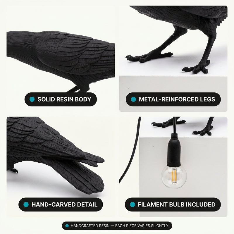 Four close-up details of the black raven lamp: resin body, metal-reinforced legs, hand-carved feathers, and the filament bulb held in its beak