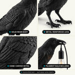 Four close-up details of the black raven lamp: resin body, metal-reinforced legs, hand-carved feathers, and the filament bulb held in its beak