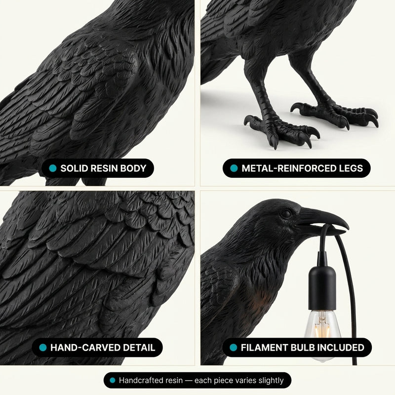 Four close-up details of the black raven lamp: resin body, metal-reinforced legs, hand-carved feathers, and the filament bulb held in its beak