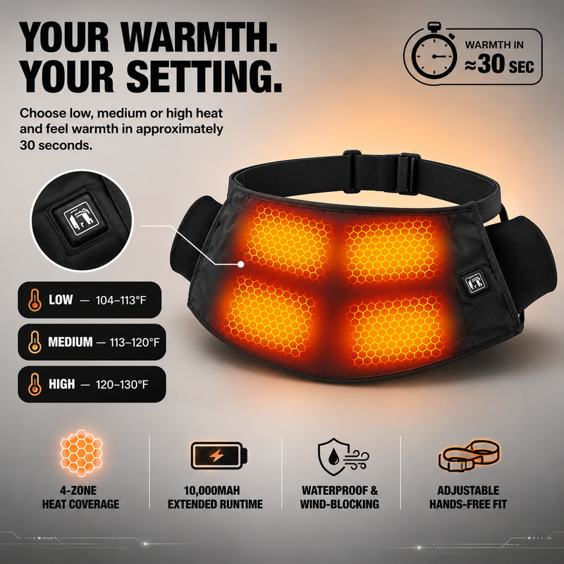 Hand warmer pouch with LED control panel showing three adjustable heat levels
