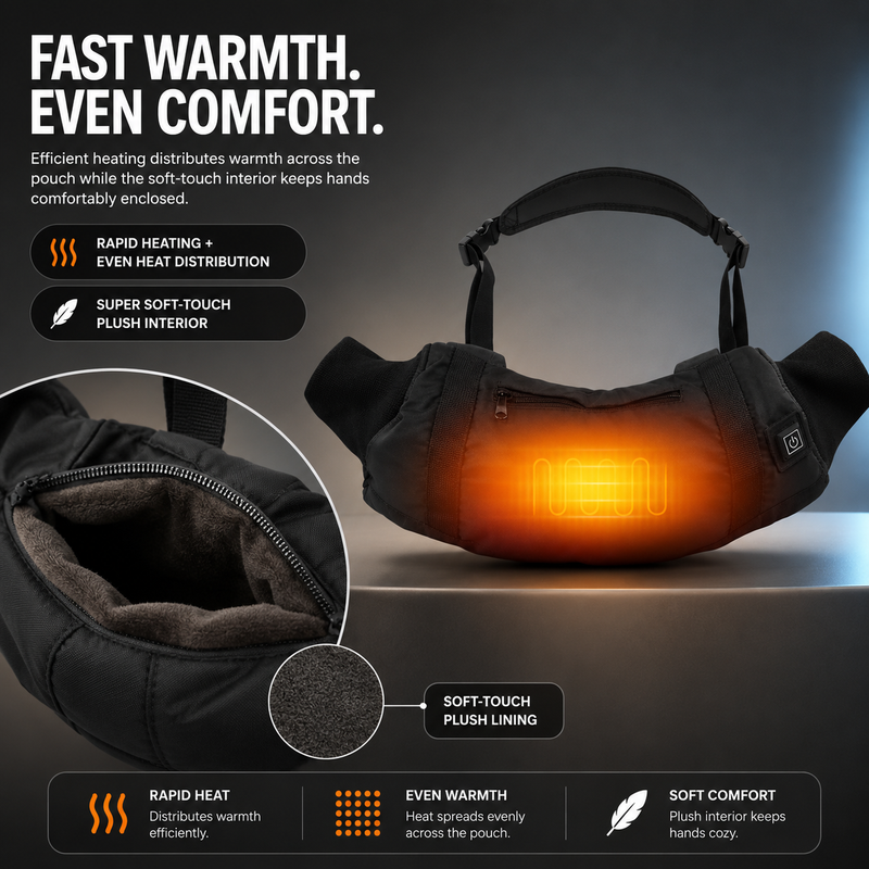 Hand warmer pouch with LED control panel showing three adjustable heat levels