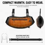 Hand warmer pouch dimensions diagram showing width and adjustable strap range