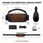 Hand warmer pouch dimensions diagram showing width and adjustable strap range