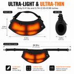 Hand warmer pouch dimensions diagram showing width and adjustable strap range