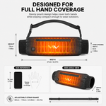 Hand warmer pouch dimensions diagram showing width and adjustable strap range