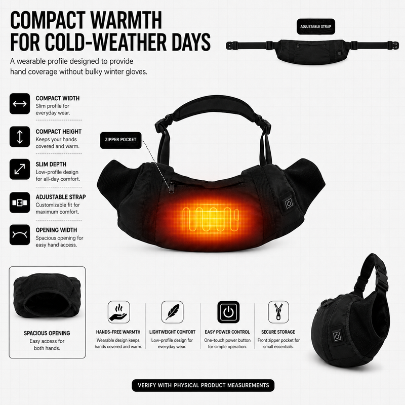 Hand warmer pouch dimensions diagram showing width and adjustable strap range