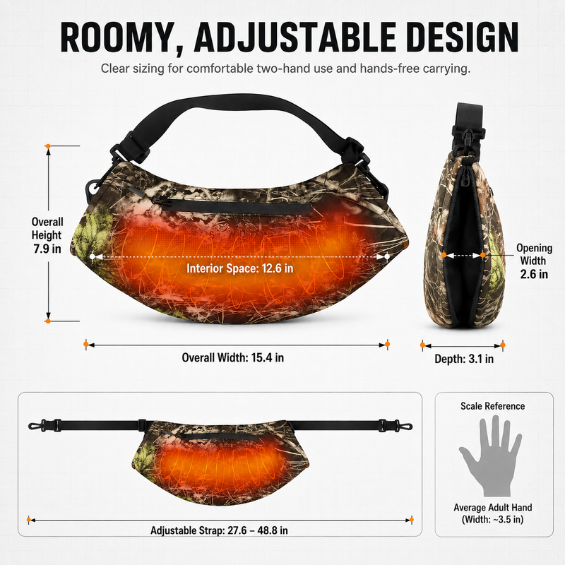 Hand warmer pouch dimensions diagram showing width and adjustable strap range