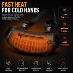 Cutaway of hand warmer pouch showing front and back heating zones warming both hands