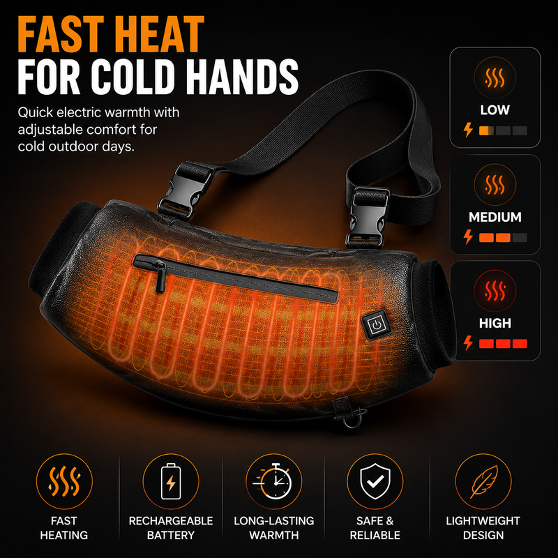 Cutaway of hand warmer pouch showing front and back heating zones warming both hands