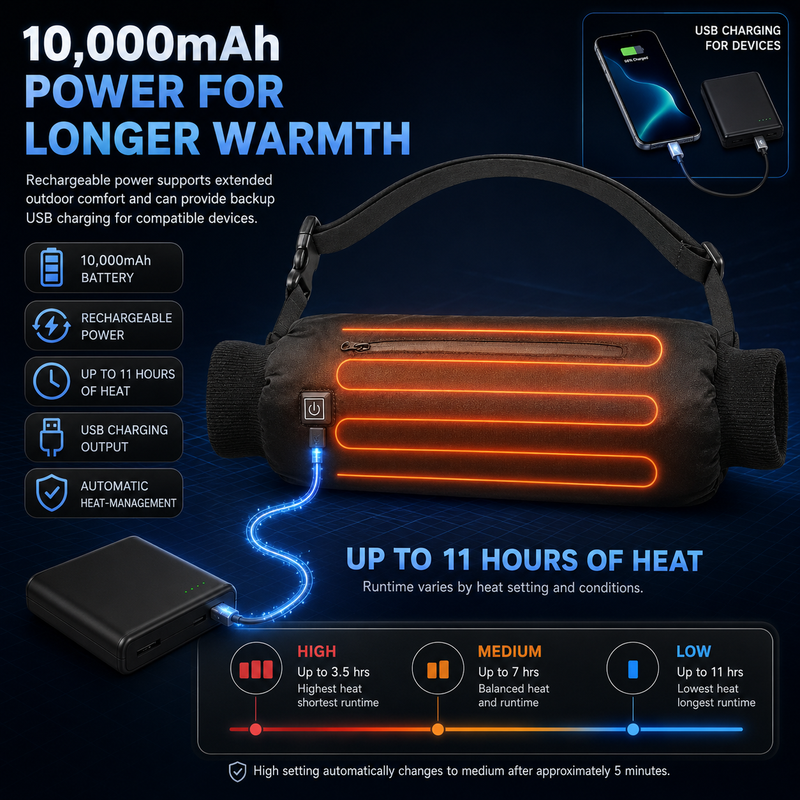 Cutaway of hand warmer pouch showing front and back heating zones warming both hands