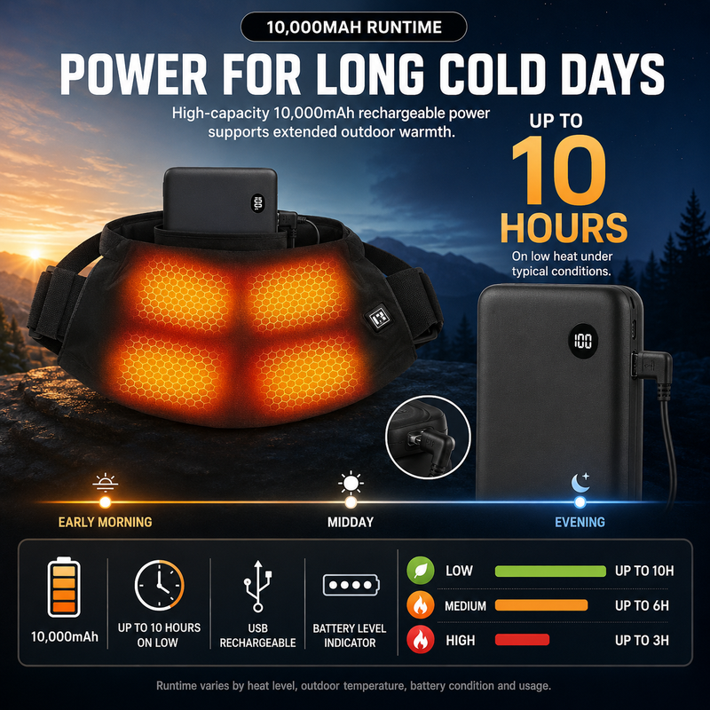 Cutaway of hand warmer pouch showing front and back heating zones warming both hands