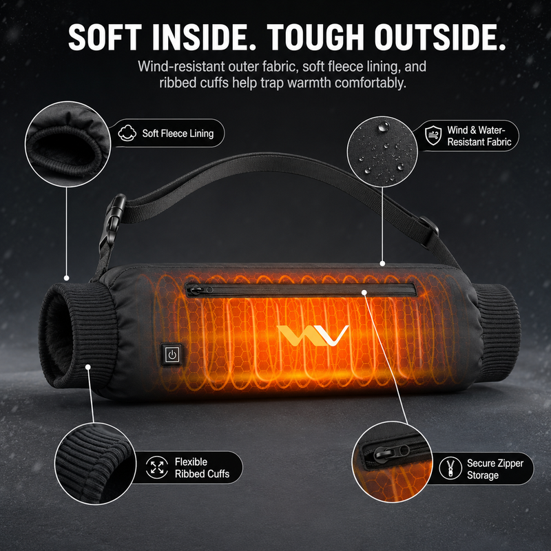 Cutaway of hand warmer pouch showing front and back heating zones warming both hands