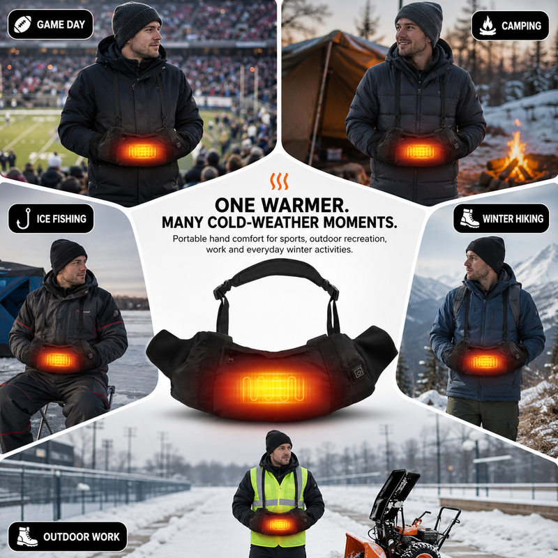 Cutaway of hand warmer pouch showing front and back heating zones warming both hands