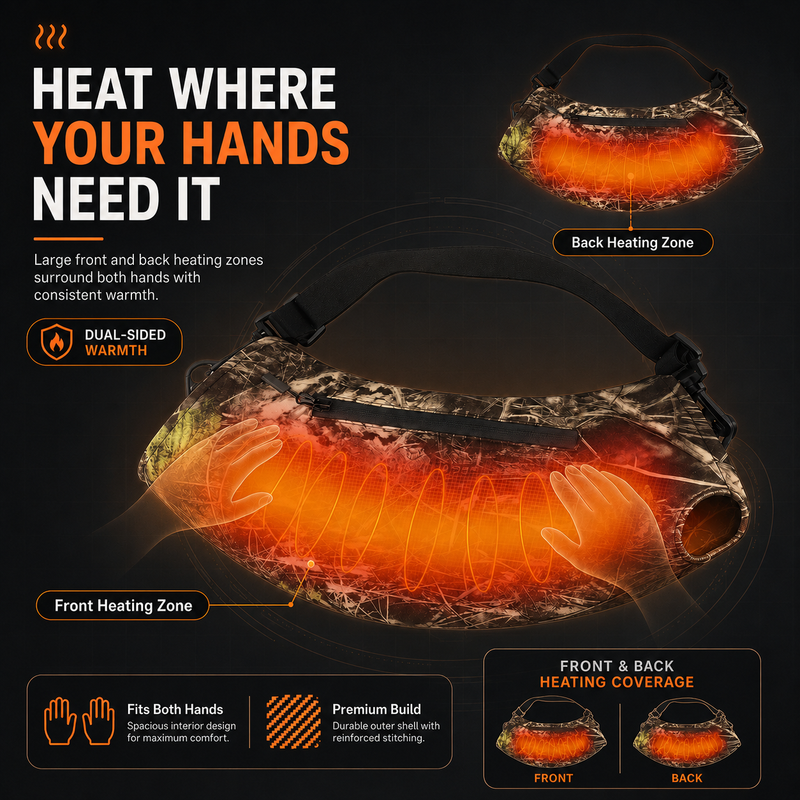 Cutaway of hand warmer pouch showing front and back heating zones warming both hands