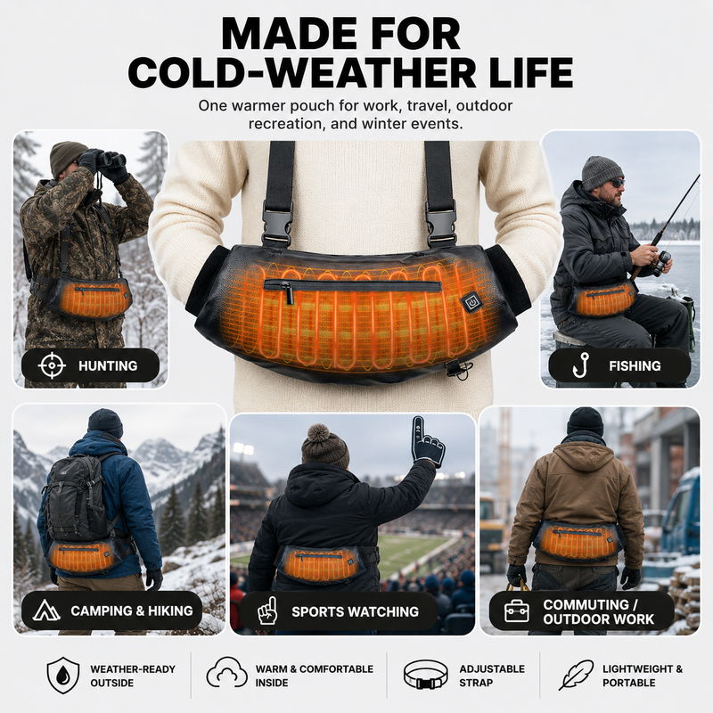 Camouflage hand warmer pouch shown for hunting golf fishing and camping