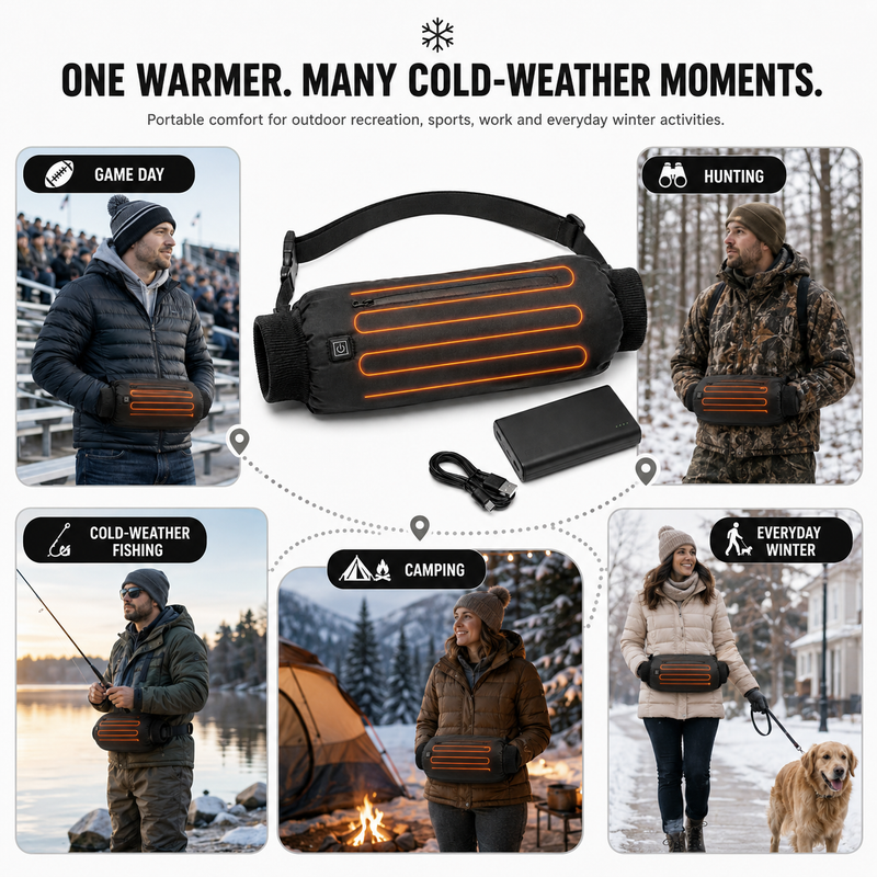 Camouflage hand warmer pouch shown for hunting golf fishing and camping