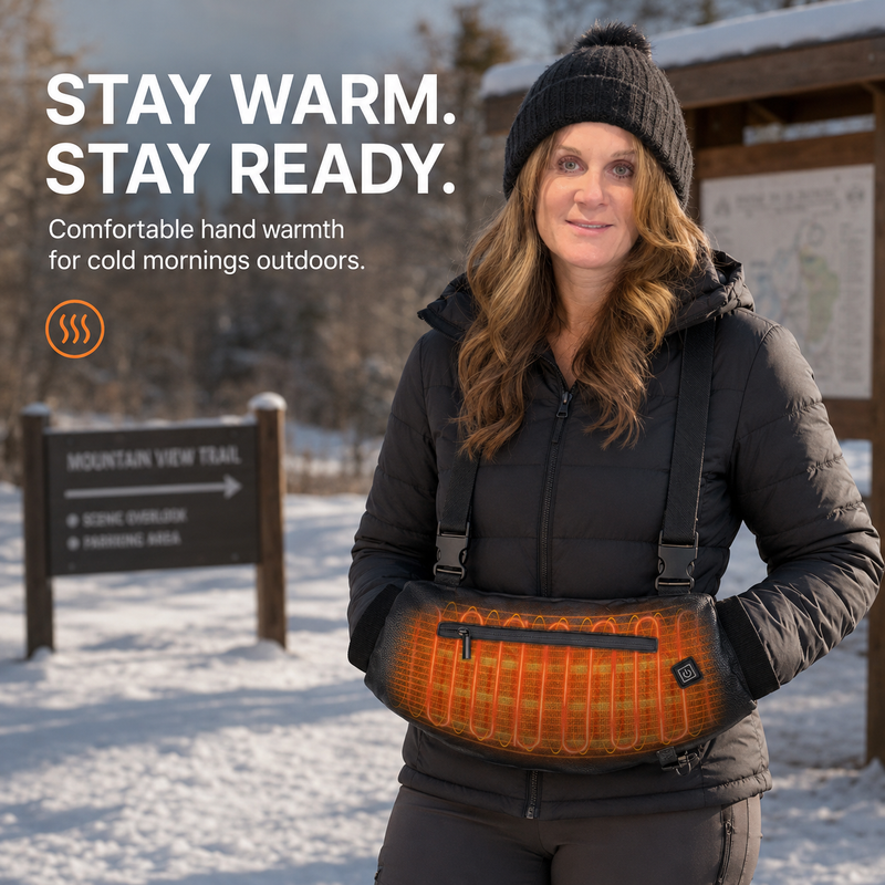 Person wearing a camouflage hand warmer pouch at the waist in a frosty field