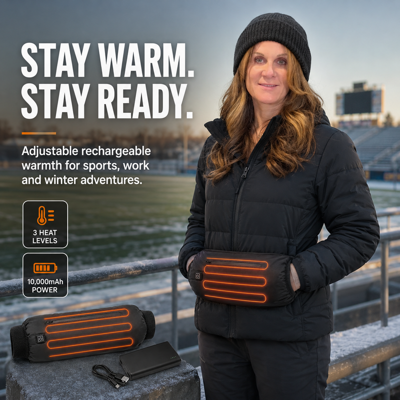 Person wearing a camouflage hand warmer pouch at the waist in a frosty field